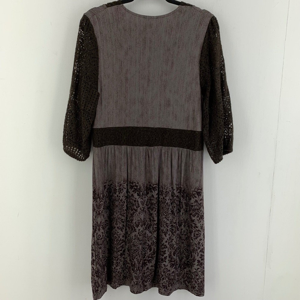 Venus Boho Mixed Media Lace Up Dress Brown Damask Crochet Sleeve Whimsigoth - Picture 7 of 9